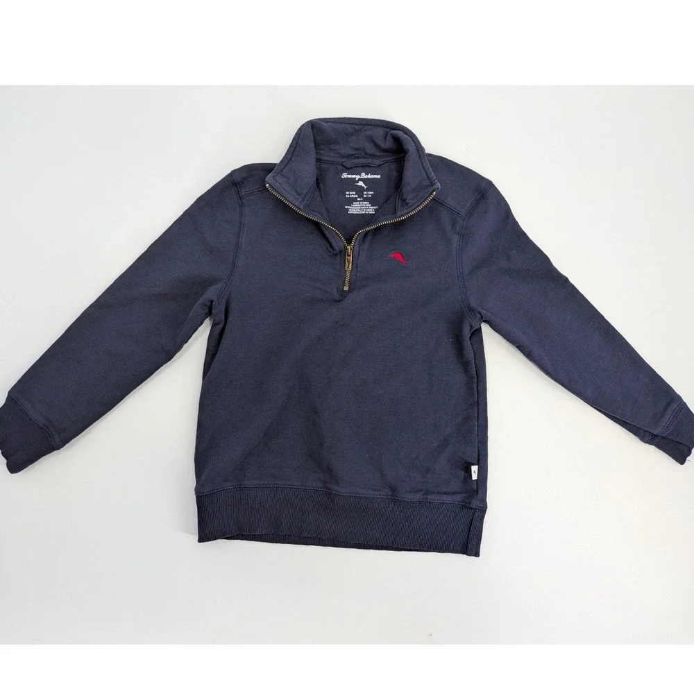 Tommy Bahama Boys‎ Navy Blue Quarter Zip Pullover Sweater Marlin Logo Size S 5/6